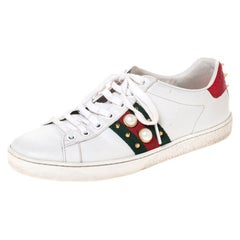 Gucci White Leather Ace Web Embellished Low Top Sneakers Size 37