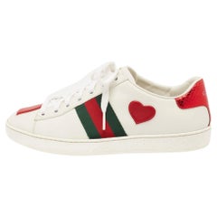 Gucci White Leather Ace Web Heart Detail Lace Up Low Top Sneaker Size 35.5