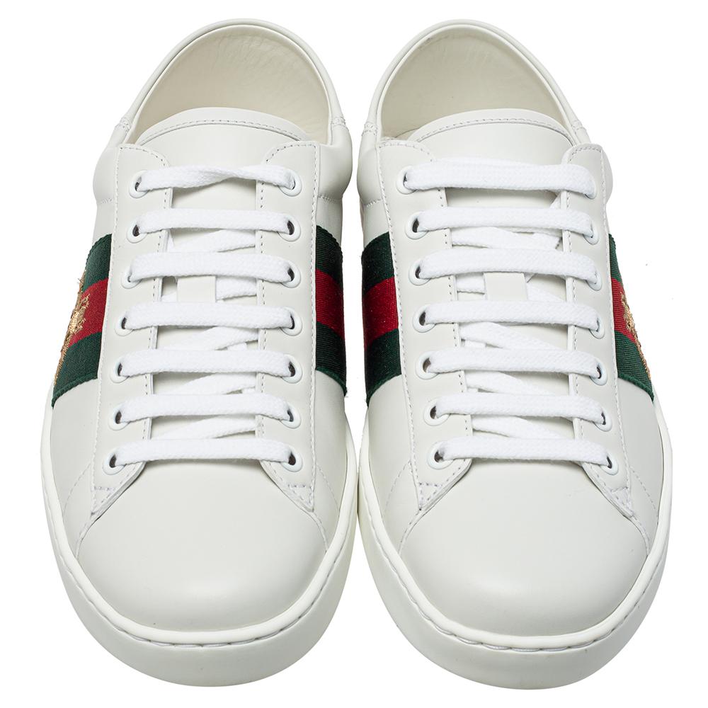Gray Gucci White Leather Ace Web Low Top Sneakers Size 40