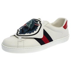 Gucci White Leather Ace Web Low Top Sneakers with Removable Patch Size 40