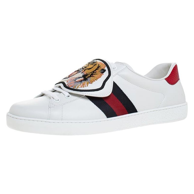 Gucci White Leather Ace Web Low Top Sneakers with Removable Patch Size ...
