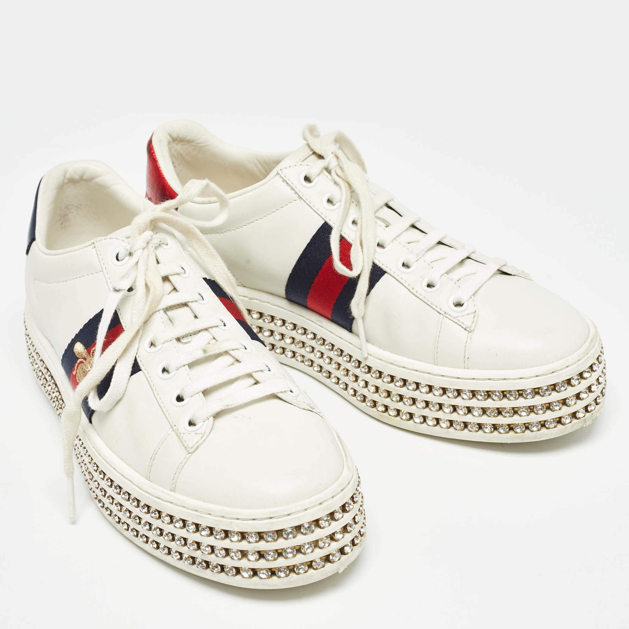 Gucci Weiße Ace Web Turnschuhe aus Leder Größe 37 Damen