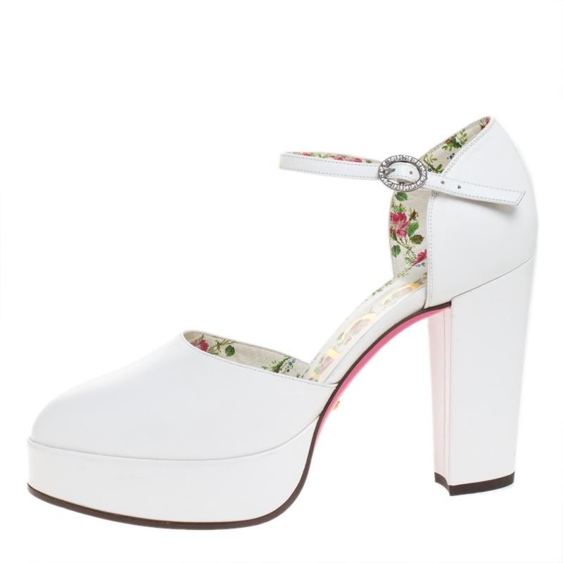 Grab these stylish and unique Agon pumps from Gucci. Crafted in Italy, they are made from white leather. They are stylish and will complement a host of outfits. They feature round toes, platforms, extended counters, slim buckled ankle straps and 11