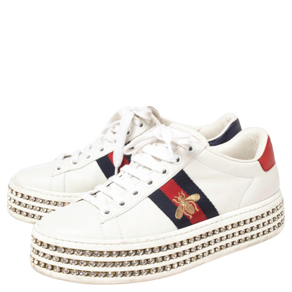 Gucci White Leather And Bee Web Detail New Ace Crystal Platform Sneakers Size 35 In Good Condition In Dubai, Al Qouz 2