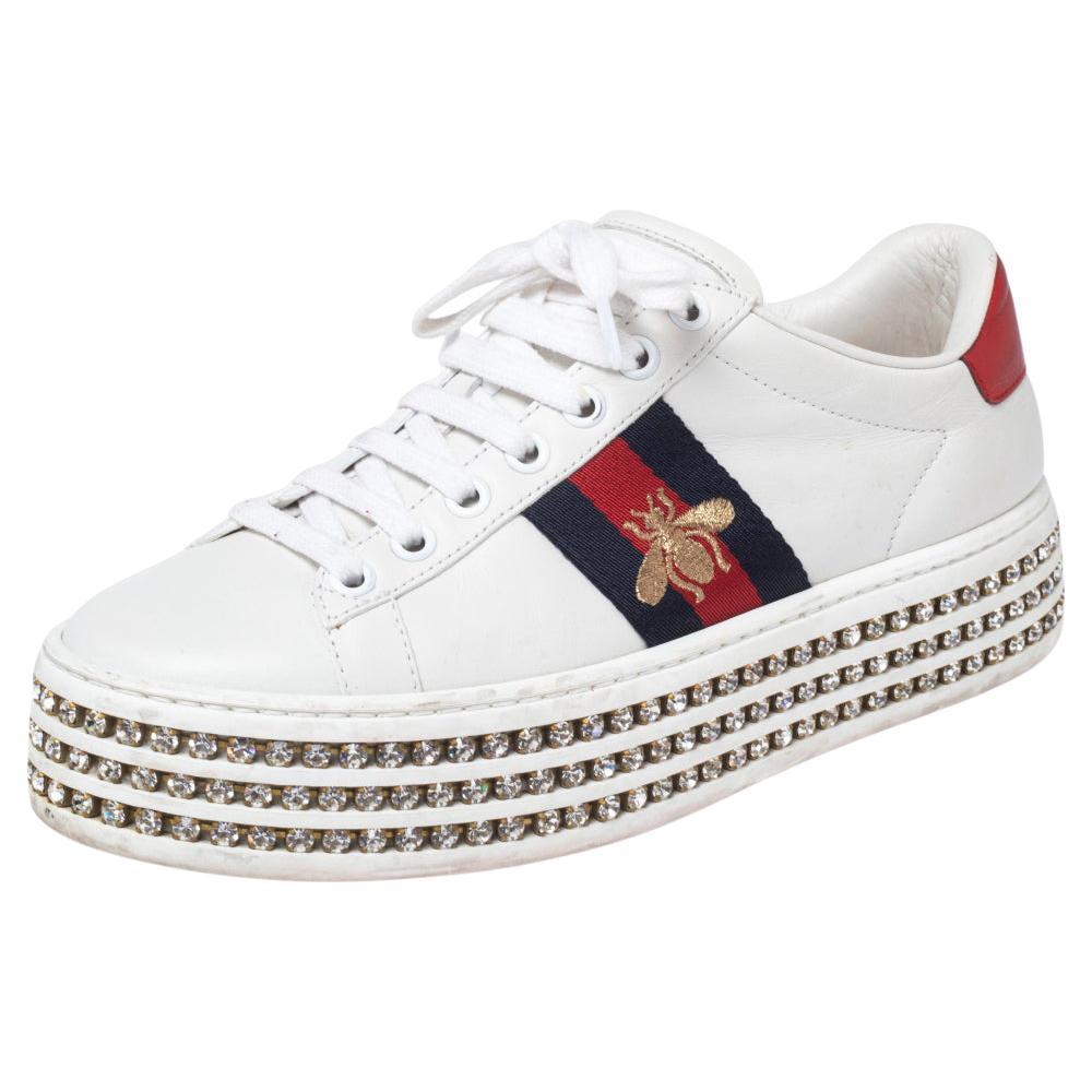 Gucci White Leather And Bee Web Detail New Ace Crystal Platform Sneakers Size 35