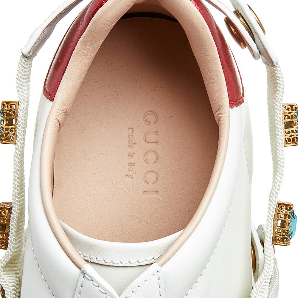 Women's Gucci White Leather And Canvas Ace Bee Crystal Embellished Sneakers Size 37