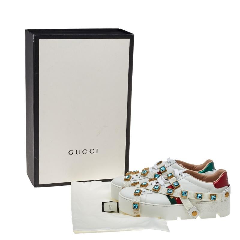 Gucci White Leather And Canvas Ace Bee Crystal Embellished Sneakers Size 37 1