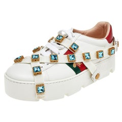 Gucci White Leather And Canvas Ace Bee Crystal Embellished Sneakers Size 37