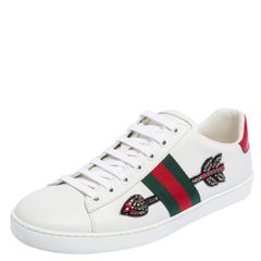 Gucci White Leather And Canvas Ace Embroidered Sneakers Size 39.5
