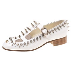 Gucci White Leather And Canvas Spike/Stud Embellished Loafer Pumps Size 39