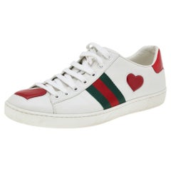 Gucci White Leather And Canvas Web Heart Detail Lace Up Sneakers Size 40