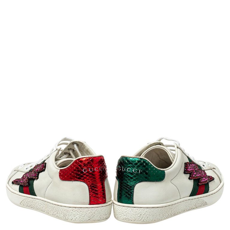 Gucci White Leather And Crystal Lightning Bolt Ace Low Top Trainers Size 36  For Sale at 1stDibs