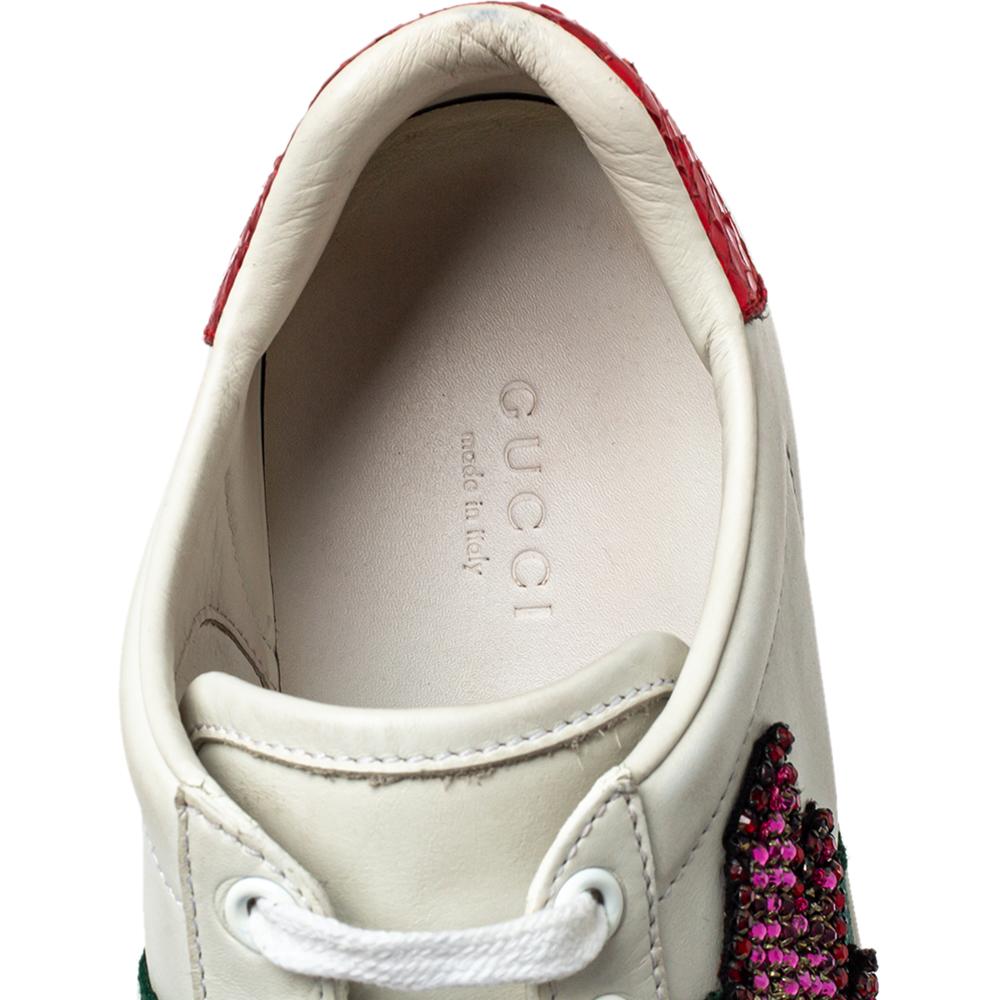 Gray Gucci White Leather And Crystal Lightning Bolt Ace Low Top Sneakers Size 36