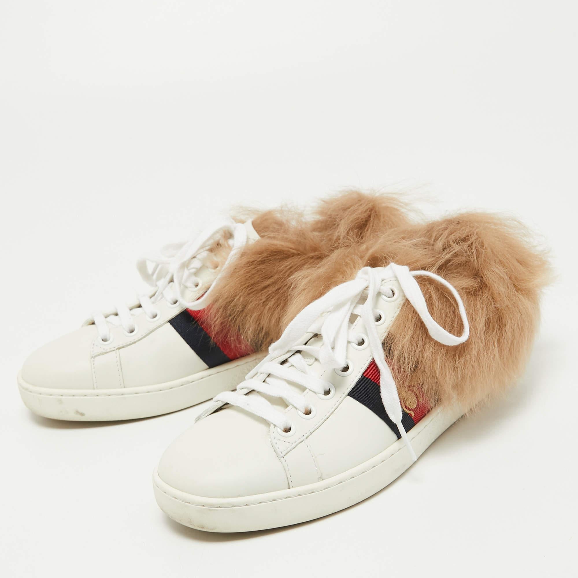 Gucci White Leather and Fur Bee Embroidered Ace Sneakers Size 35 1