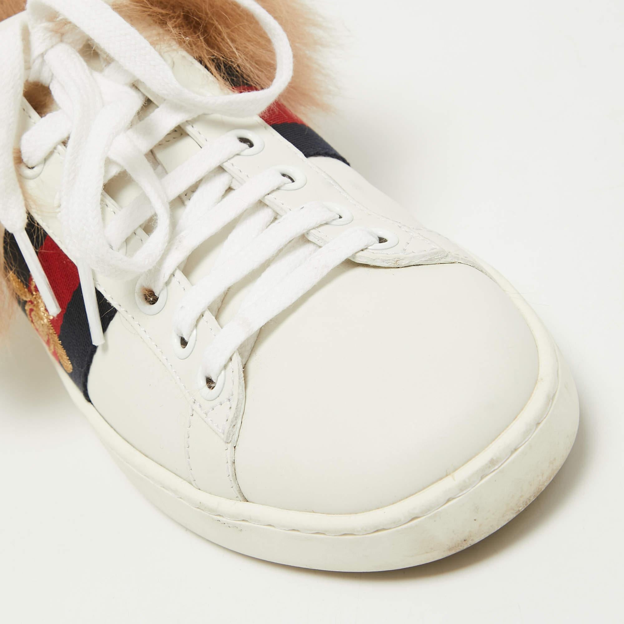 Gucci White Leather and Fur Bee Embroidered Ace Sneakers Size 35 3