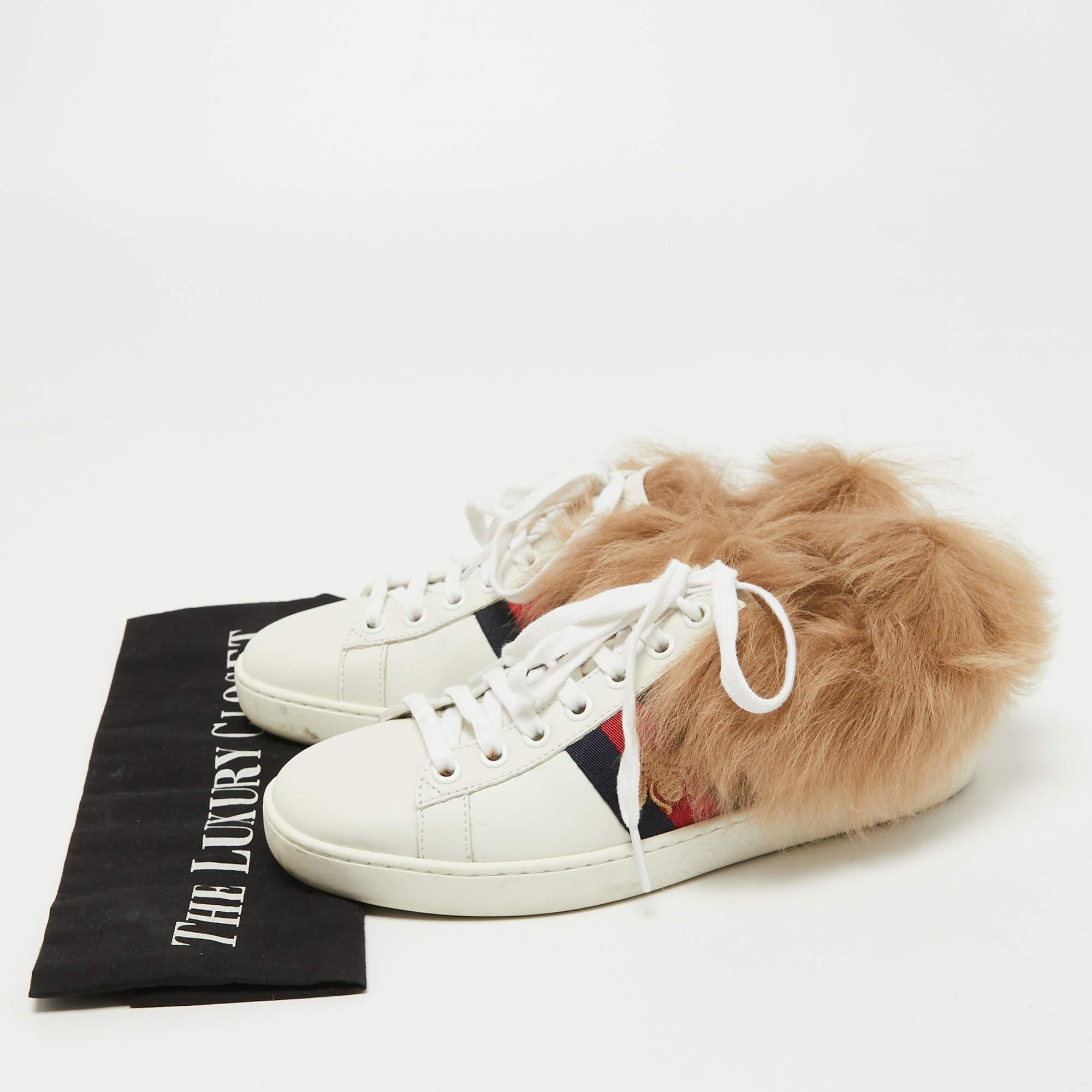 Gucci White Leather and Fur Bee Embroidered Ace Sneakers Size 35 5