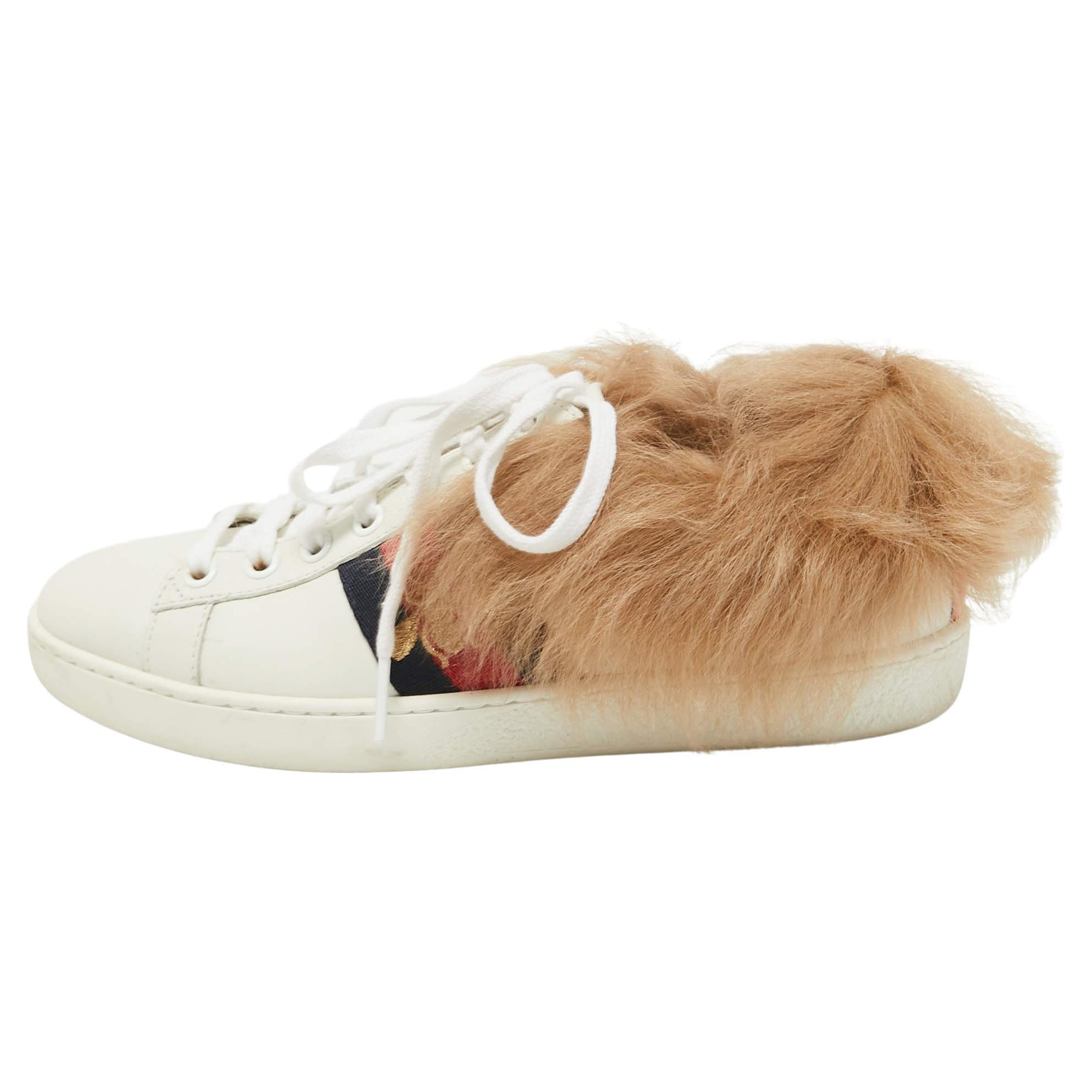 Gucci White Leather and Fur Bee Embroidered Ace Sneakers Size 35