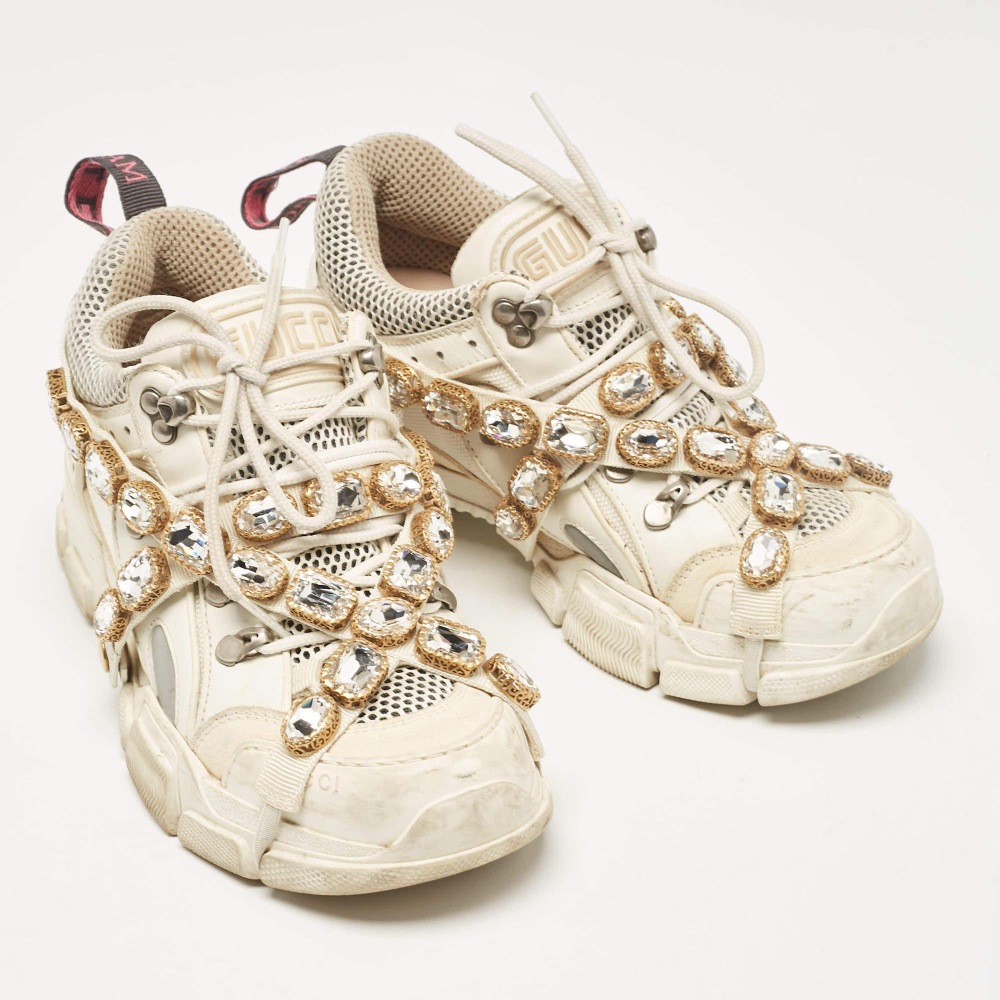 Women's Gucci White Leather and Mesh Flashtrek Chunky Sneakers Size 37 For Sale