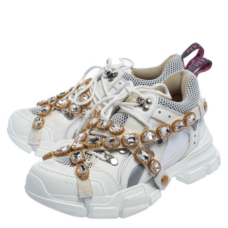 Gucci White Leather And Mesh Flashtrek Removable Crystals Sneaker Size