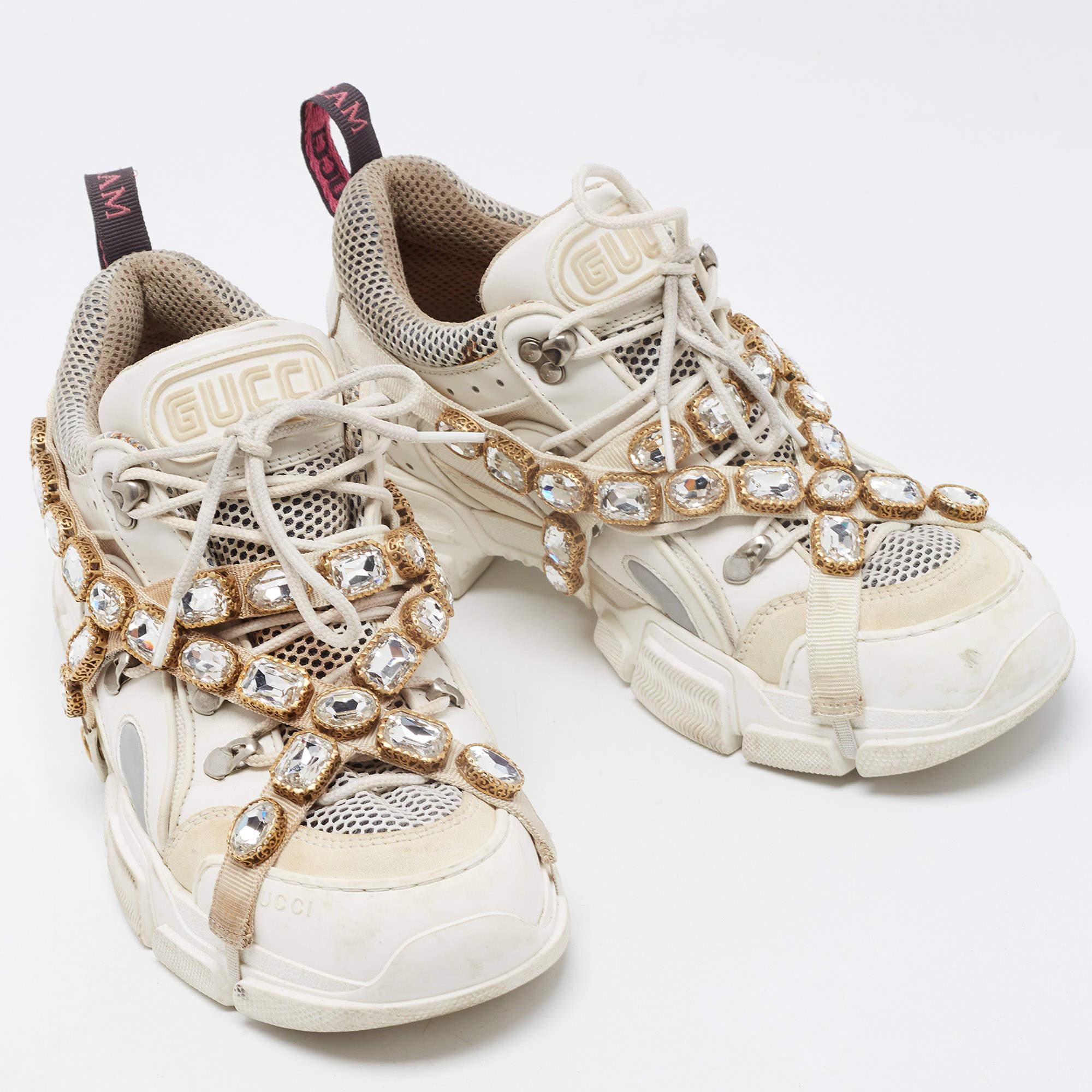 Men's Gucci White Leather and Mesh Flashtrek Rhinestone Sneakers Size 42