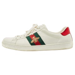 Gucci White Leather and Snake Embossed Ace Lace Up Sneakers Size Size 45.5