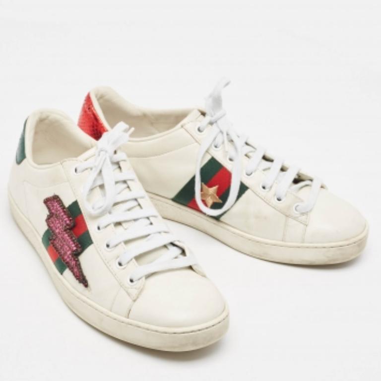 Gucci Weiß Leder und Schlangenhaut Ace Sneakers Größe 38 im Angebot 3