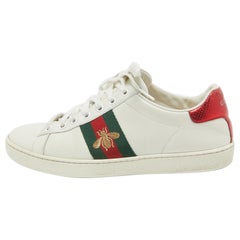 Gucci Weiße Turnschuhe aus Leder und geprägtem Ace Web mit Sneak-prägung Größe 37