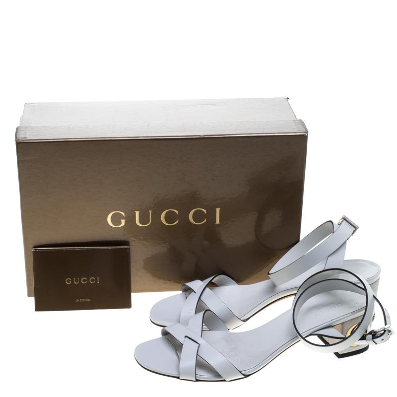 Gucci White Leather Ankle Strap GG Logo Heel Sandals Size 37.5 3