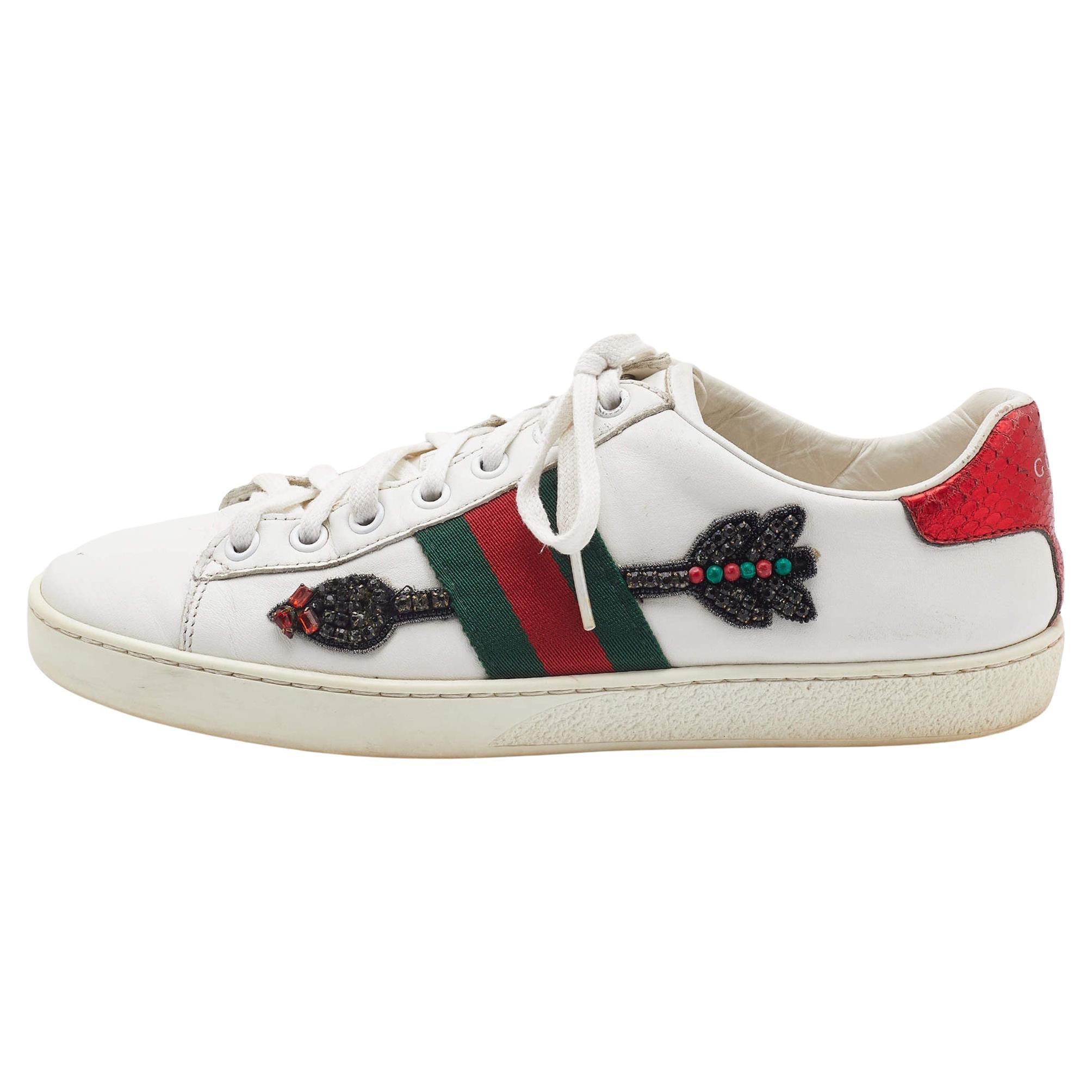 Gucci White Leather Arrow Embellished Ace Low Top Sneakers Size 37