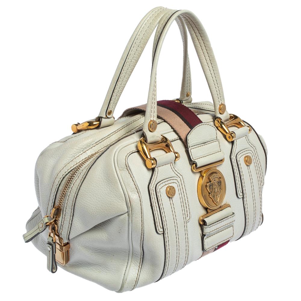Gucci White Leather Aviatrix Medium Boston Bag In Fair Condition In Dubai, Al Qouz 2
