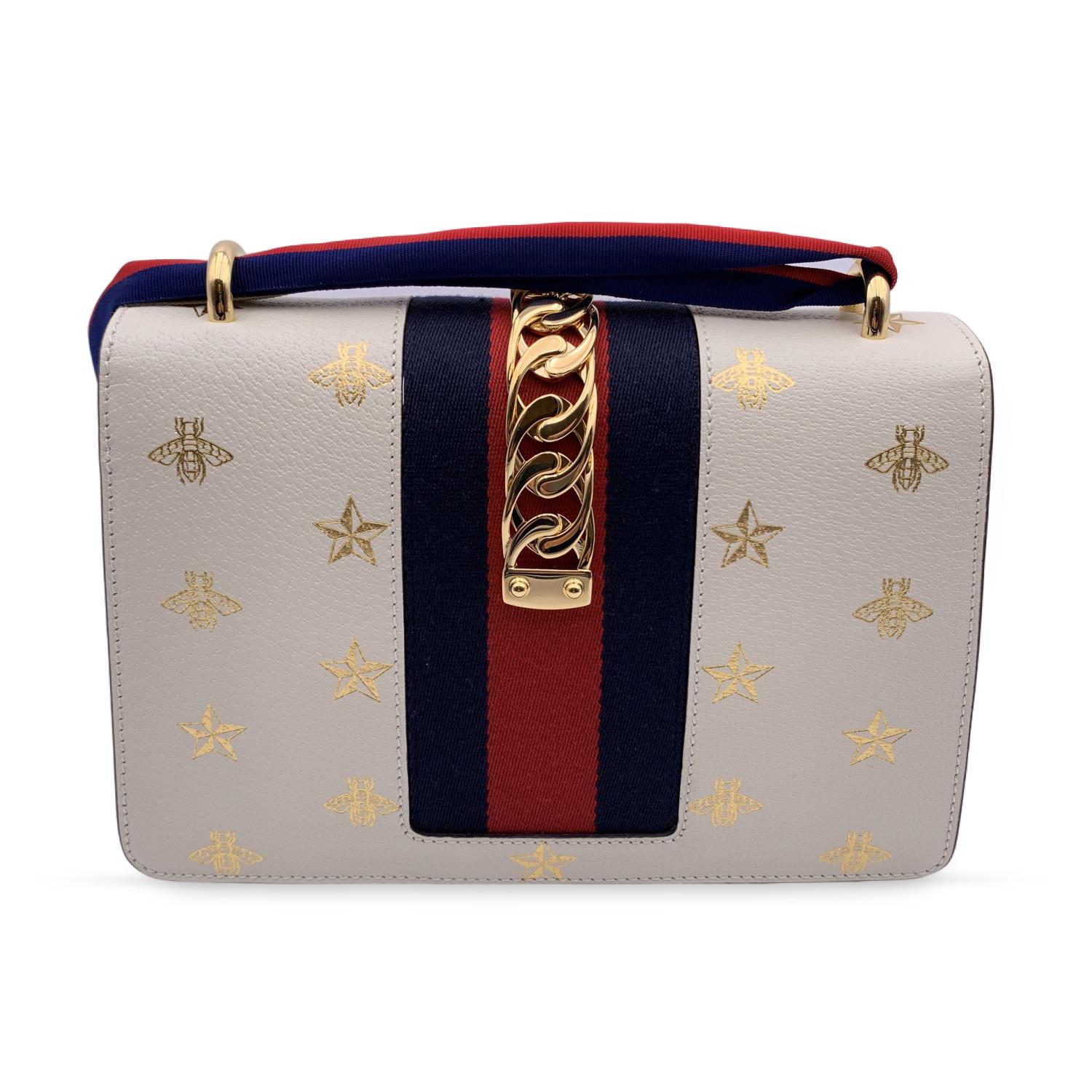 Gucci White Leather Bee and Stars Small Sylvie Web Bag In Excellent Condition In Rome, Rome