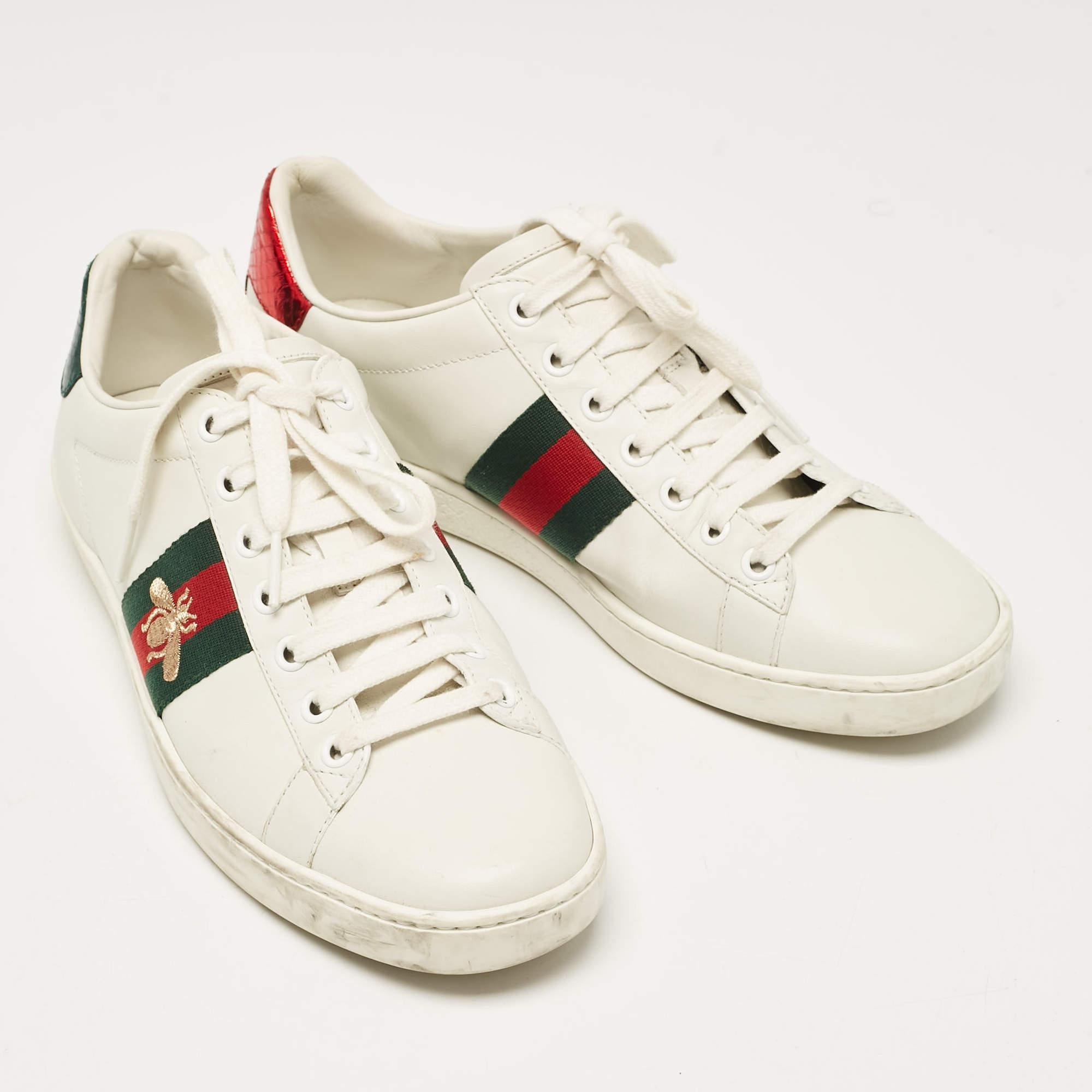 Women's Gucci White Leather Bee Embroidered Ace Low Top Sneakers Size 37.5