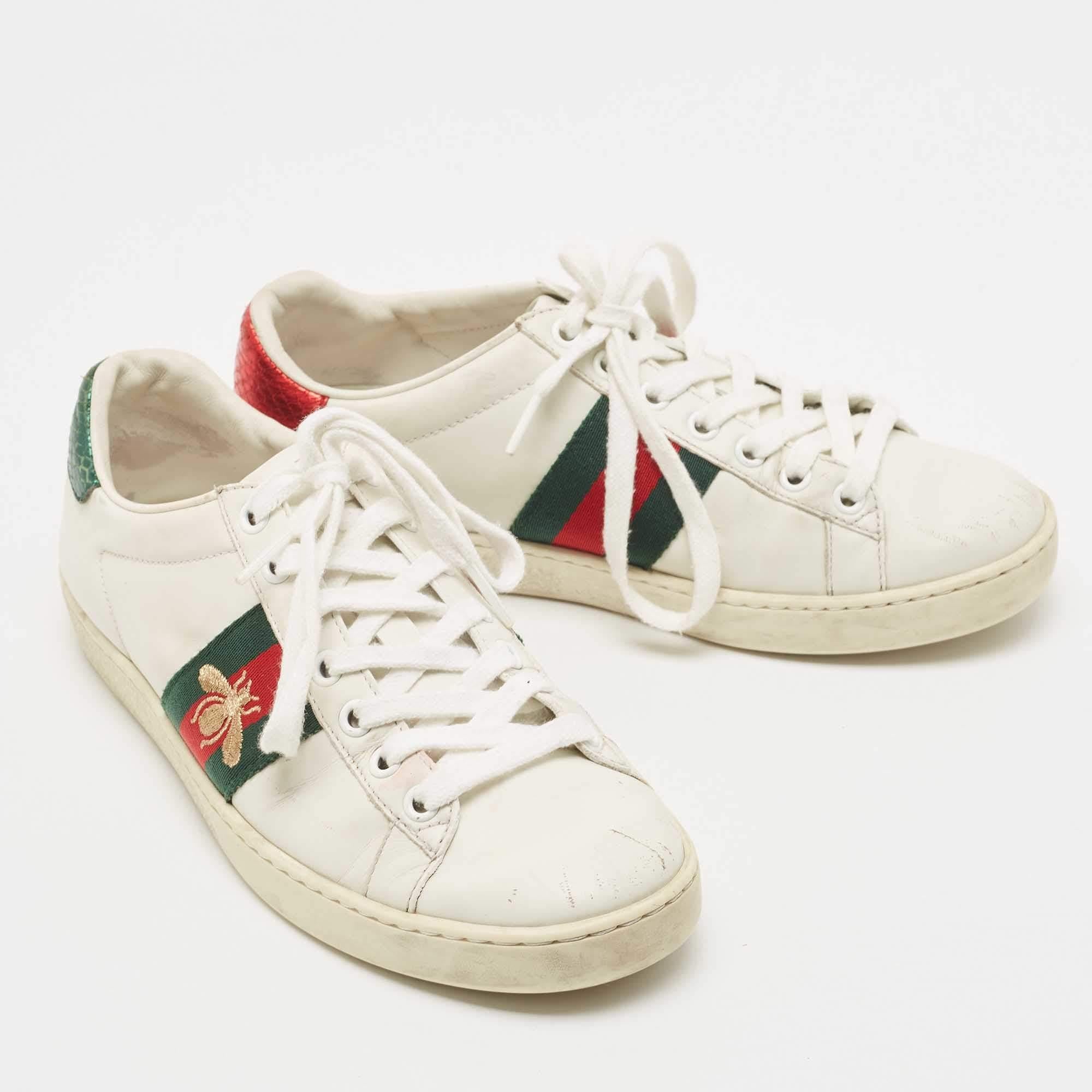 Women's Gucci White Leather Bee Embroidered Ace Sneakers Size 35.5