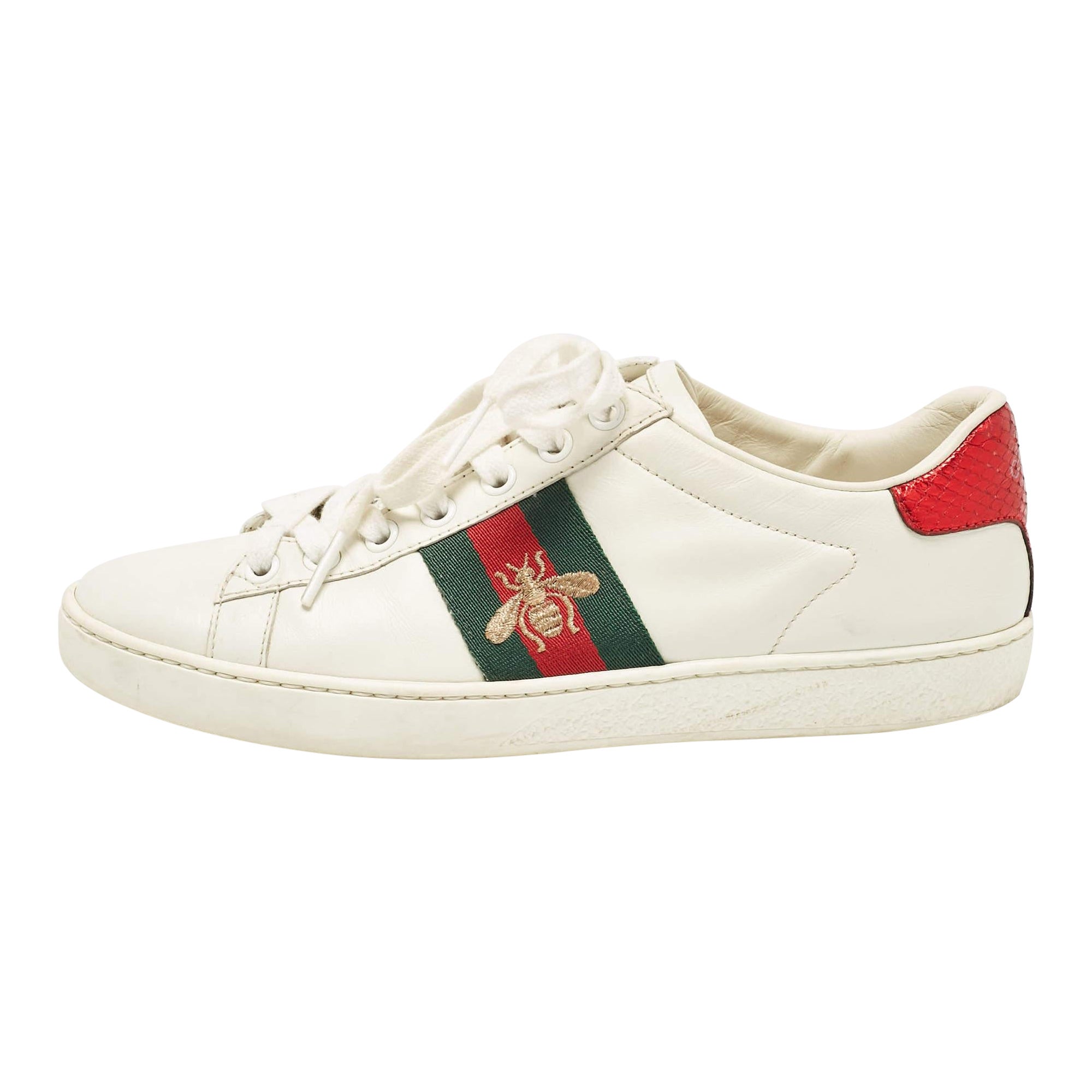 Gucci White Leather Bee Embroidered Ace Sneakers Size 36