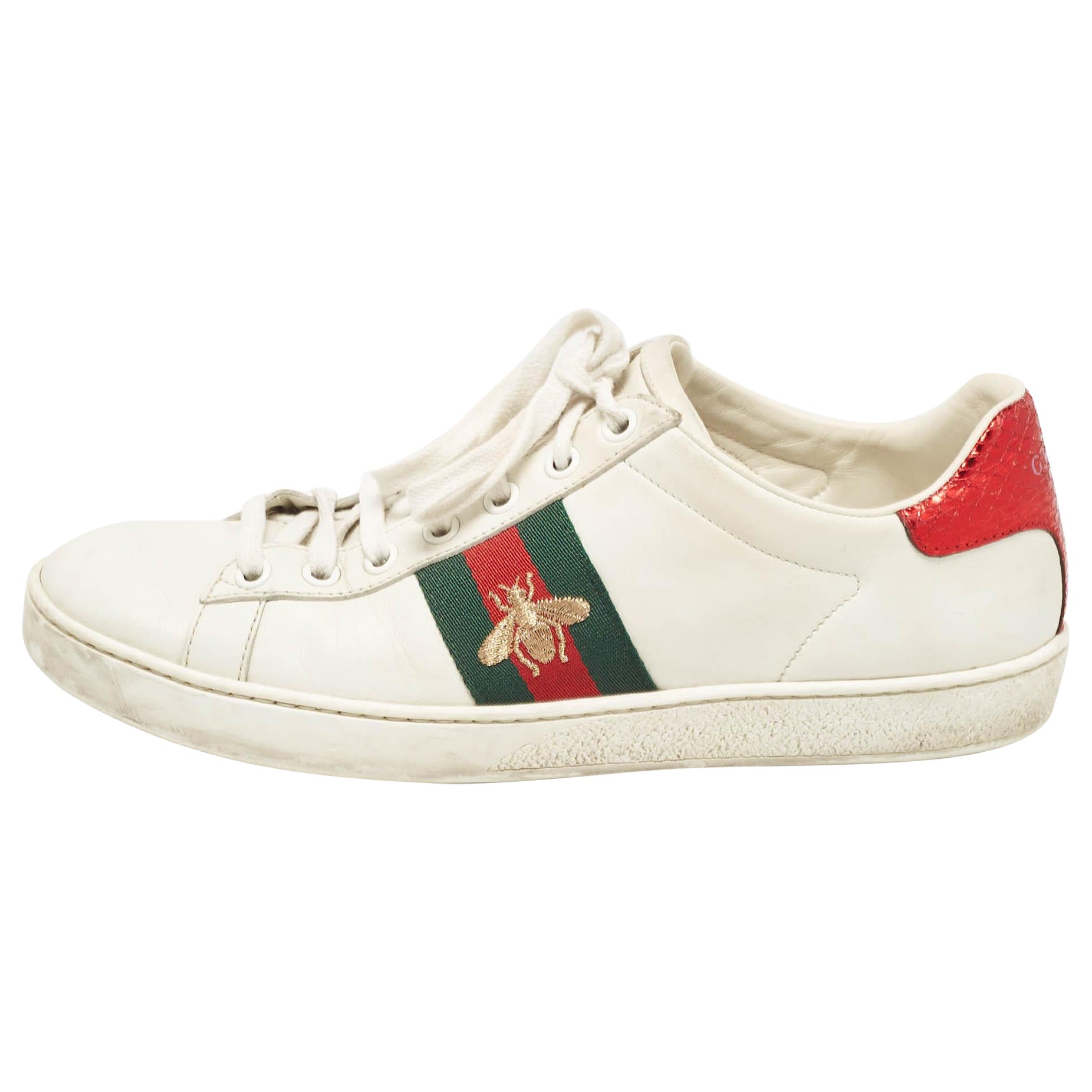 Gucci White Leather Bee Embroidered Ace Sneakers Size 37.5