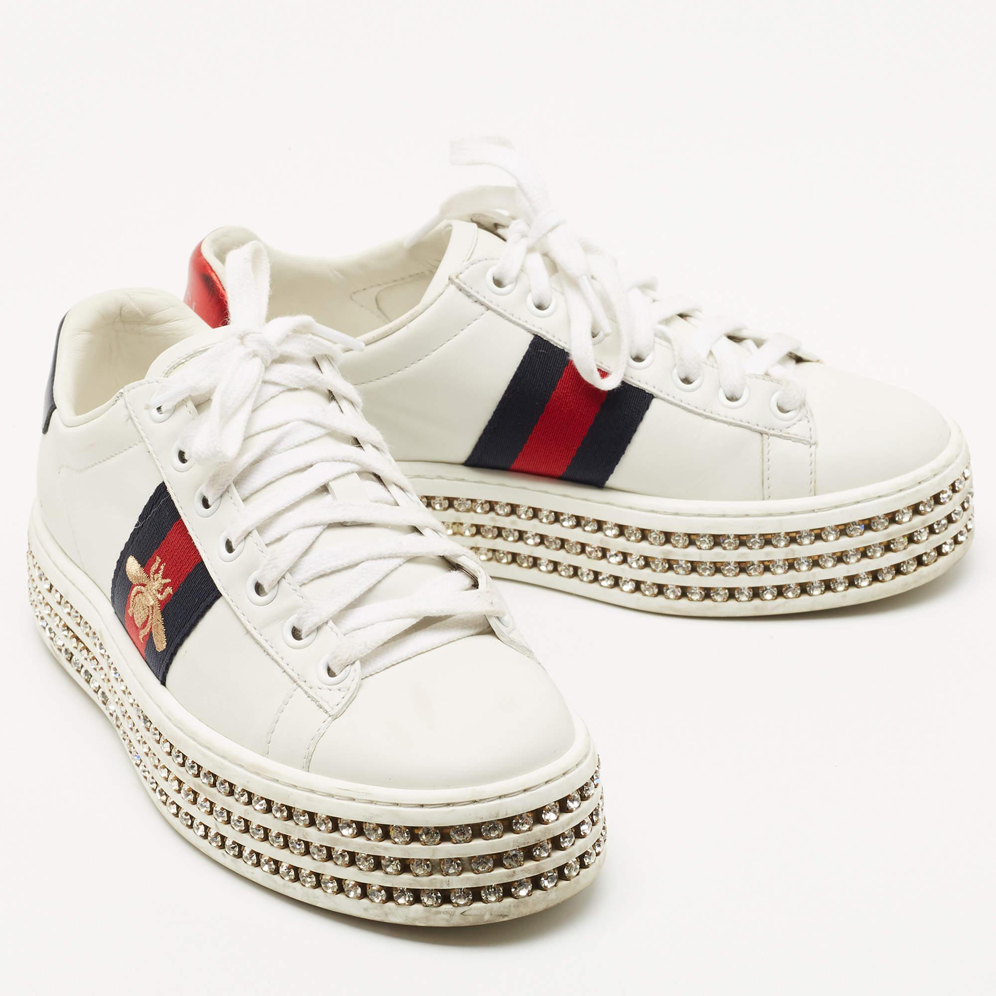 Gucci White Leather Bee Web Detail New Ace Crystal Platform Sneakers Size 35 In Good Condition In Dubai, Al Qouz 2