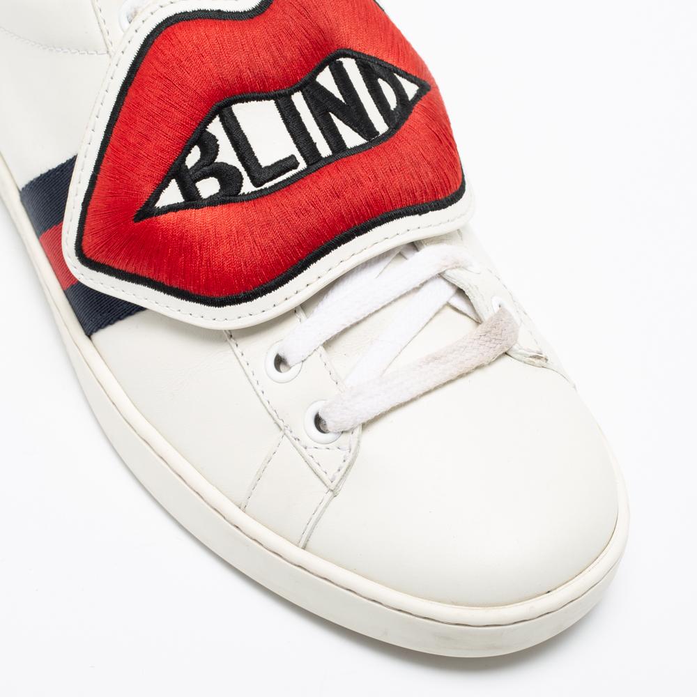 Gucci White Leather 'Blind For Love' Ace Low-Top Sneakers Size 38 In Good Condition In Dubai, Al Qouz 2