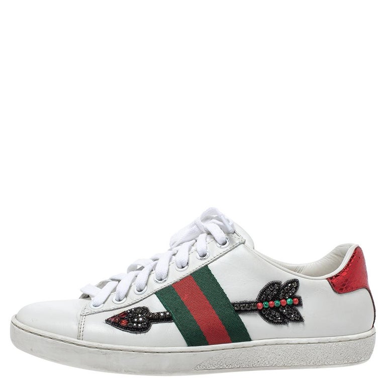 Gucci White Leather Crystal Embellished Arrow Ace Low Top ...