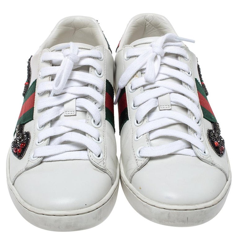 Gucci White Leather Crystal Embellished Arrow Ace Low Top ...