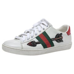 Gucci White Leather Crystal Embellished Arrow Ace Low Top Sneakers Size 36