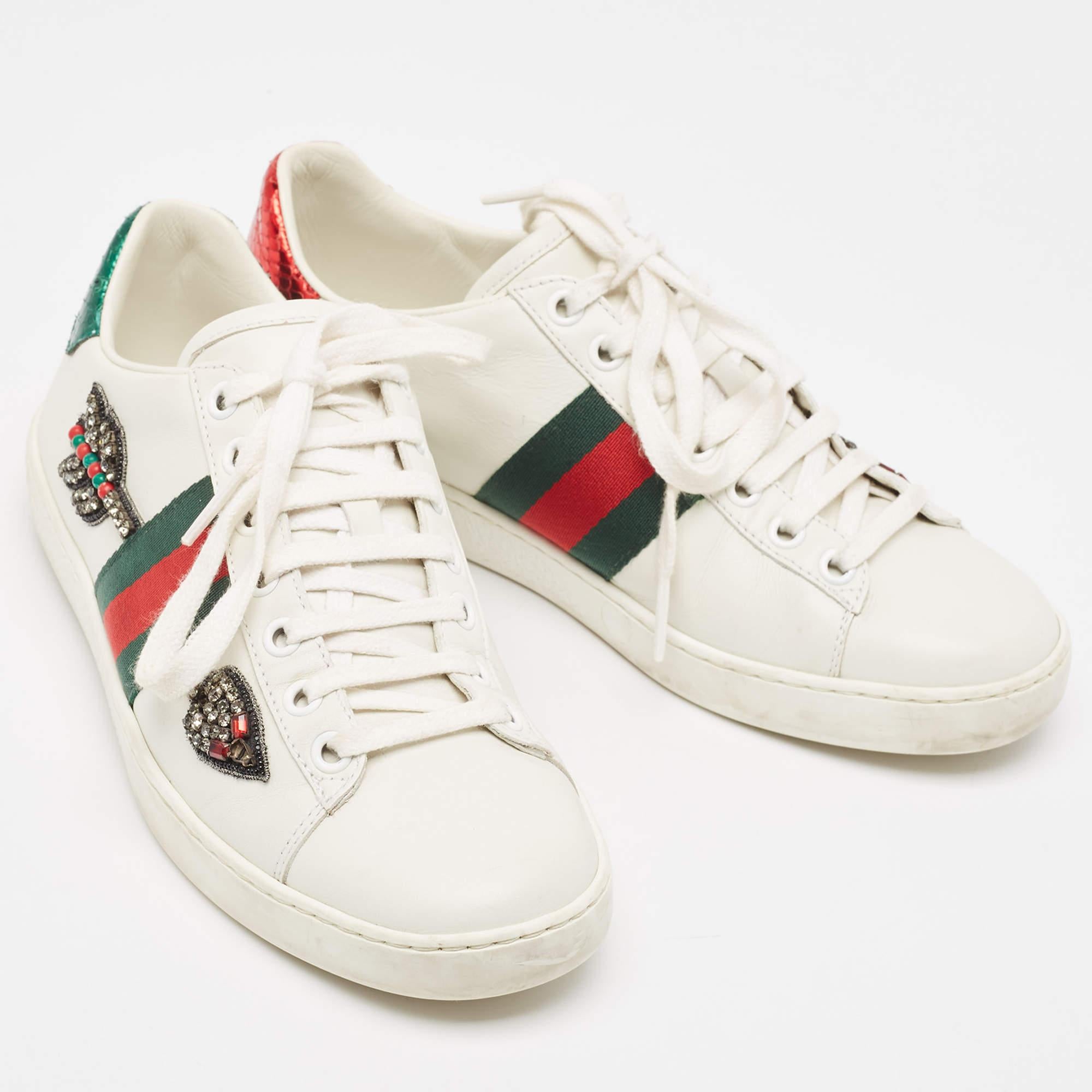 Women's Gucci White Leather Embellished Arrow Ace Sneakers Size 36