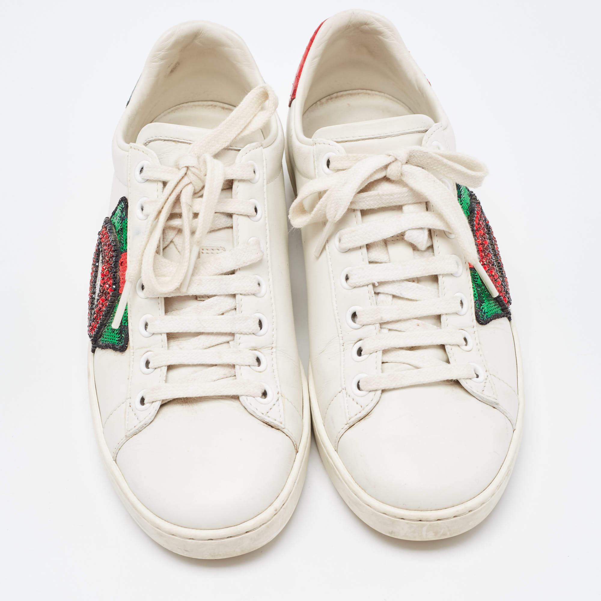 Gucci White Leather Embellished Lip Ace Sneakers Size 36 For Sale 3