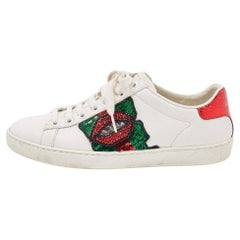 Used Gucci White Leather Embellished Lip Ace Sneakers Size 36