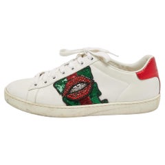Gucci White Leather Embellished Lip Ace Sneakers Size 37