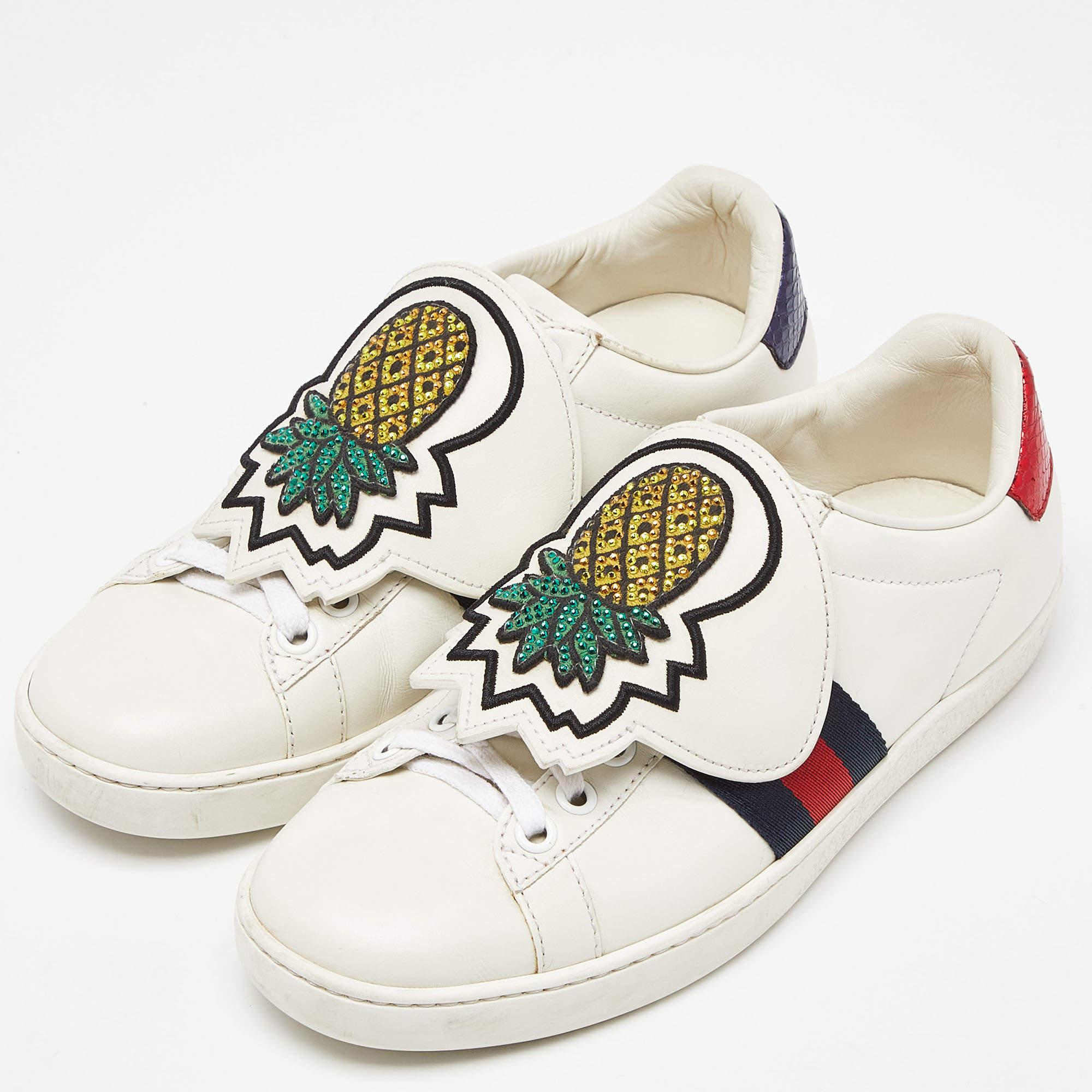 Women's Gucci White Leather Embellished Pineapple Strap Ace Sneakers Size 35 For Sale