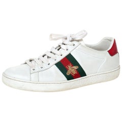 Gucci White Leather Embroidered Bee Ace Low-Top Sneakers Size 35.5