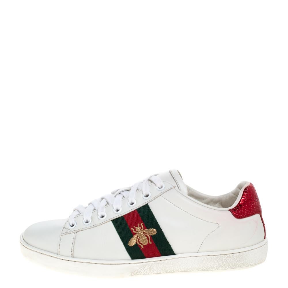 Gucci White Leather Embroidered Bee Ace Low-Top Sneakers Size 37 2