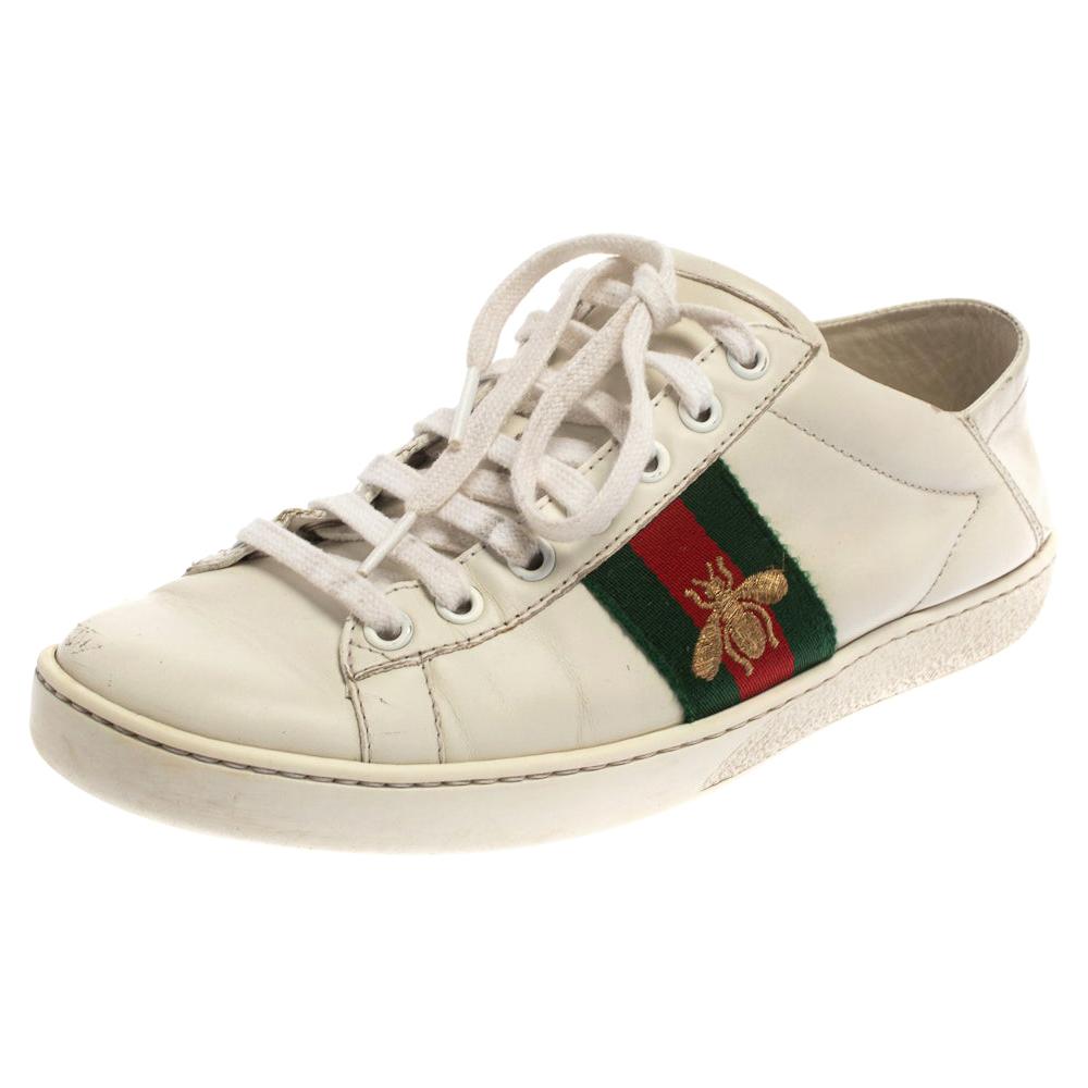 Gucci White Leather Embroidered Bee Ace Low Top Sneakers Size 37