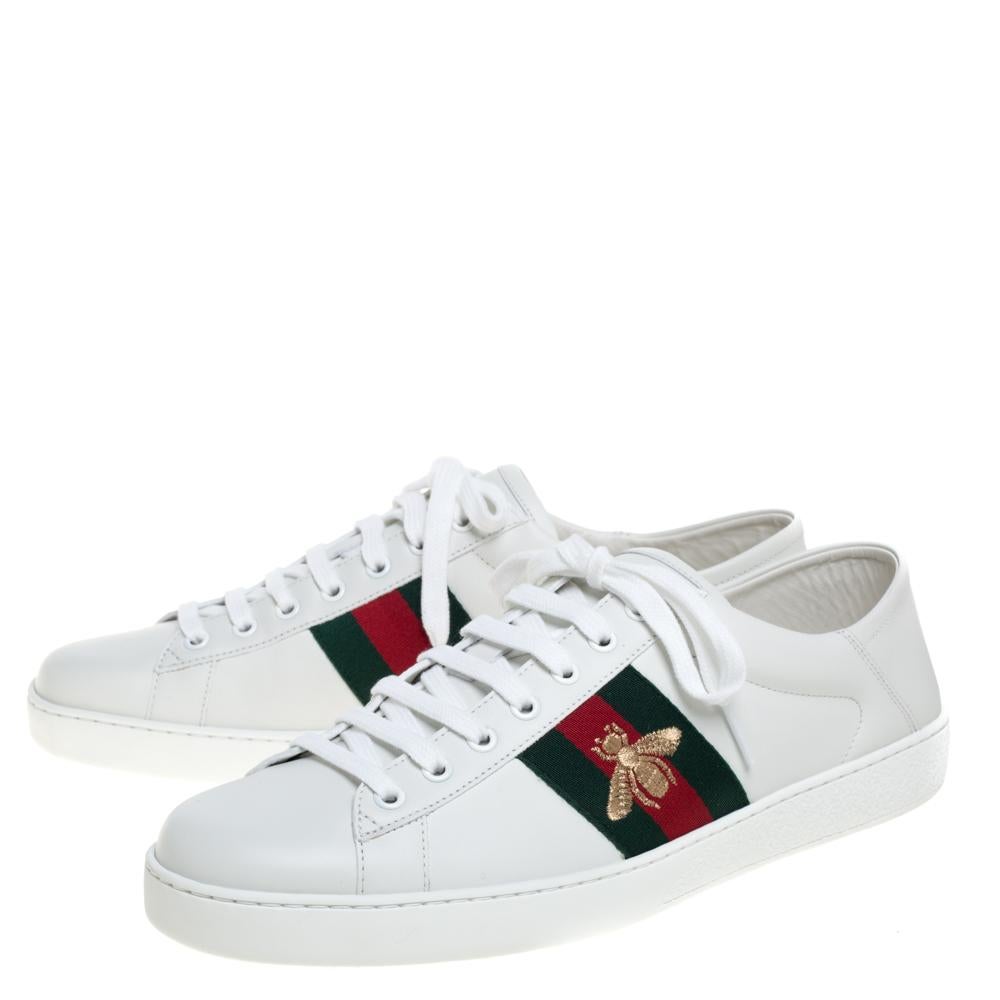 Men's Gucci White Leather Embroidered Bee Ace Low Top Sneakers Size 44.5