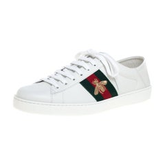 Gucci White Leather Embroidered Bee Ace Low Top Sneakers Size 44.5